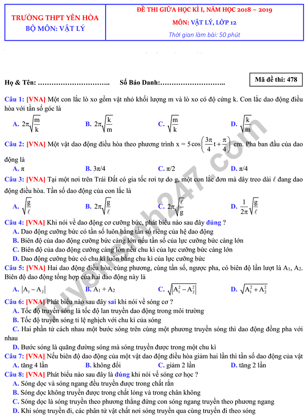 De thi giua ki 1 lop 12 mon Ly 2018 - 2019 THPT Yen Hoa