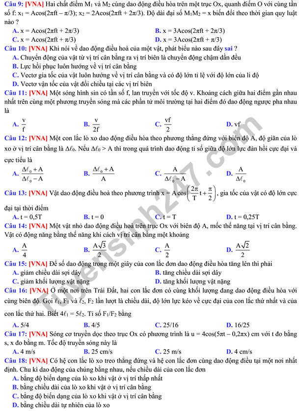 De thi giua ki 1 lop 12 mon Ly 2018 - 2019 THPT Yen Hoa