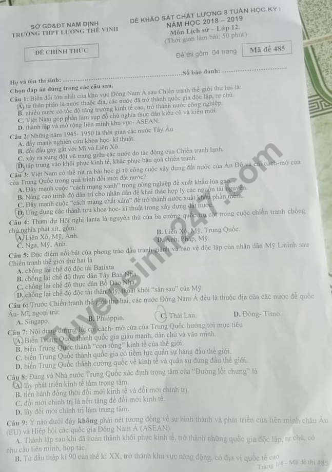 De thi giua ki 1 lop 12 mon Su 2018 - 2019 THPT Luong The Vinh