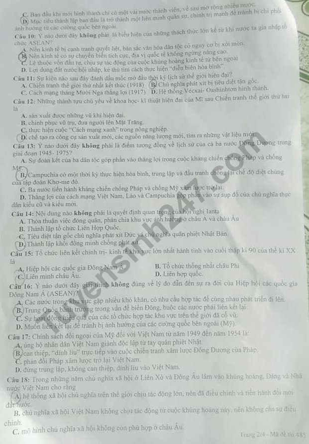De thi giua ki 1 lop 12 mon Su 2018 - 2019 THPT Luong The Vinh