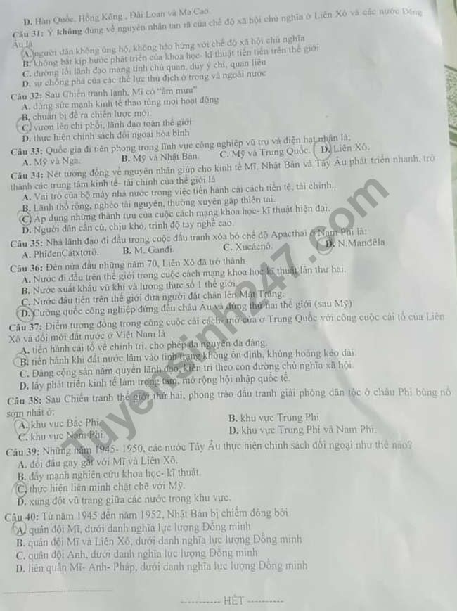 De thi giua ki 1 lop 12 mon Su 2018 - 2019 THPT Luong The Vinh