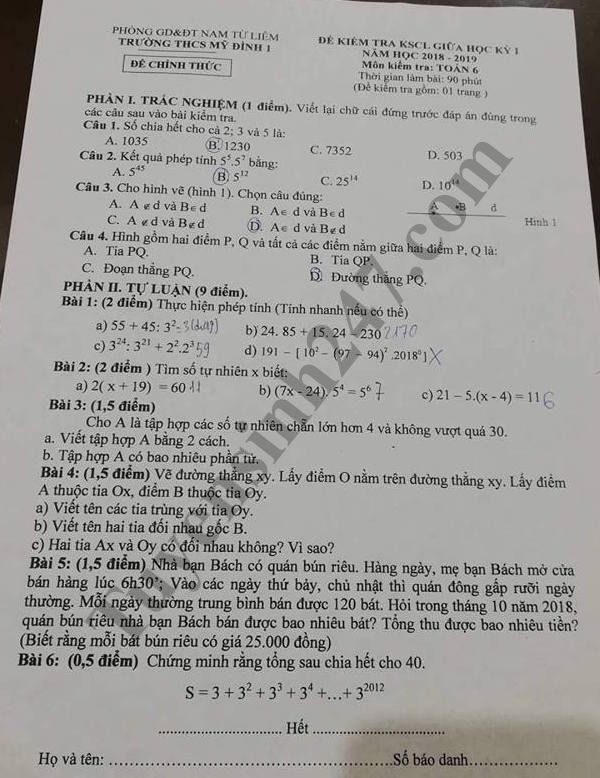 De kiem tra giua hoc ky 1 lop 6 mon Toan - THCS My Dinh 1 nam 2018
