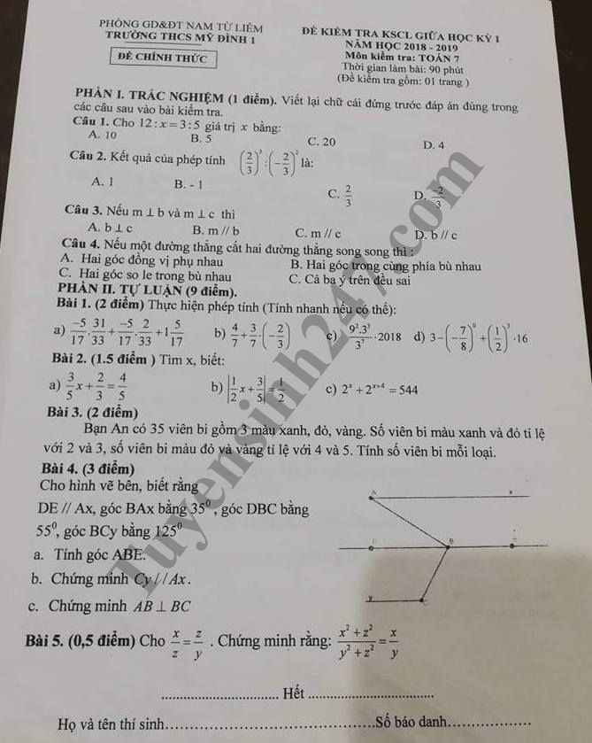 De thi giua hoc ki 1 lop 7 mon Toan - THCS My Dinh 1 nam 2018