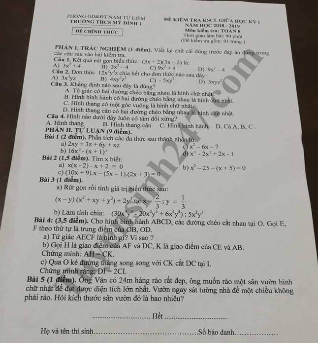 De thi giua hoc ki 1 lop 8 mon Toan - THCS My Dinh 1 nam 2018
