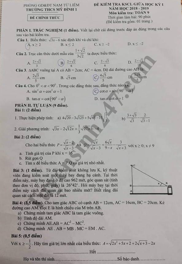 De thi giua hoc ki 1 lop 9 mon Toan - truong THCS My Dinh 1 nam 2018