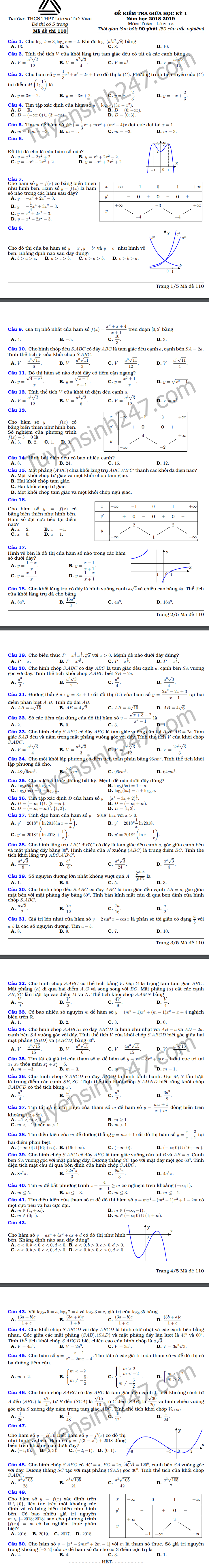 De thi giua ki 1 lop 12 mon Toan THPT Luong The Vinh 2018 - 2019