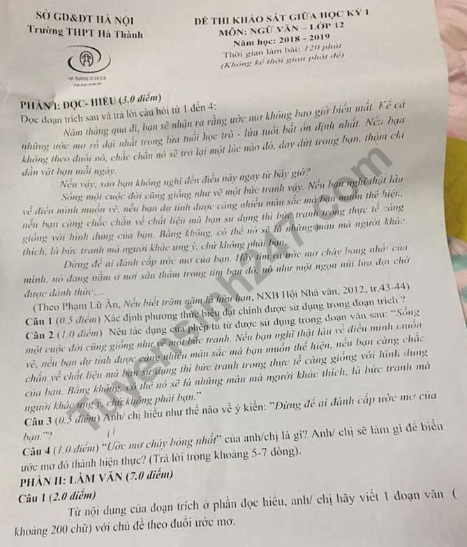 De thi giua ki 1 lop 12 mon Van 2018 - 2019 THPT Ha Thanh