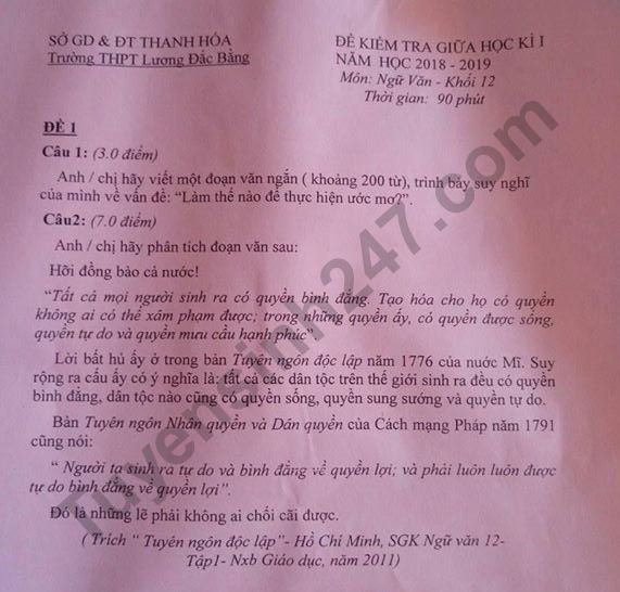 De thi giua ki 1 mon Van lop 12 nam 2018 - 2019 THPT Luong Dac Bang