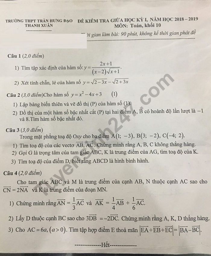 De thi giua ki 1 lop 10 mon Toan 2018 - 2019 THPT Tran Hung Dao