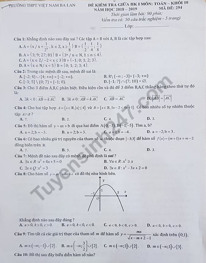 De thi giua ki 1 lop 10 mon Toan THPT Viet Nam Ba Lan 2018