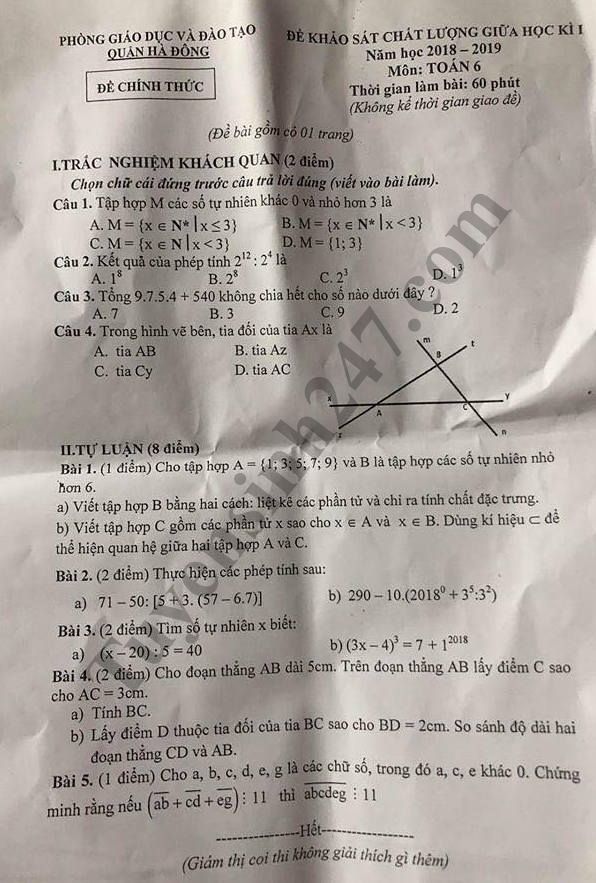 De kiem tra giua hoc ky 1 mon Toan lop 6 - Phong GD&DT Quan Ha Dong 2018