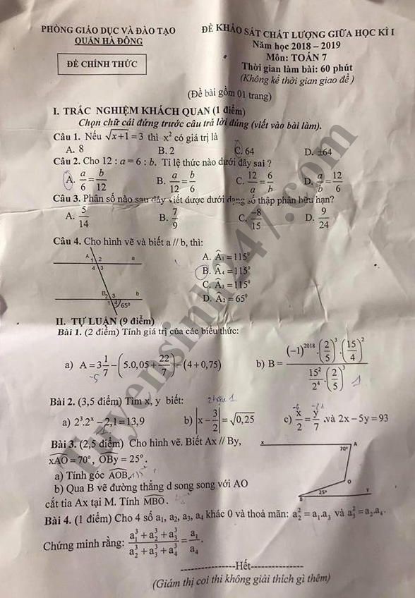 De kiem tra giua hoc ky 1 mon Toan lop 7 - Phong GD&DT Quan Ha Dong 2018
