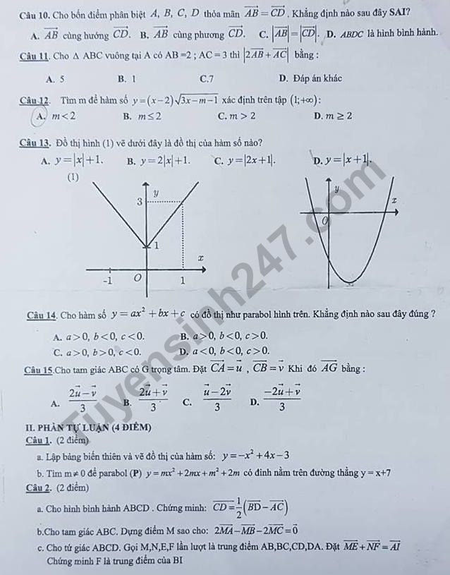 De thi giua ki 1 lop 10 mon Toan 2018 - 2019 THPT Nhan Chinh