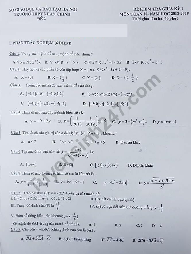 De thi giua ki 1 lop 10 mon Toan 2018 - 2019 THPT Nhan Chinh