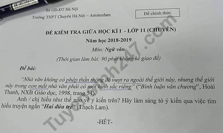 De thi giua ki 1 lop 11 mon Van 2018 - 2019 Chuyen Amsterdam