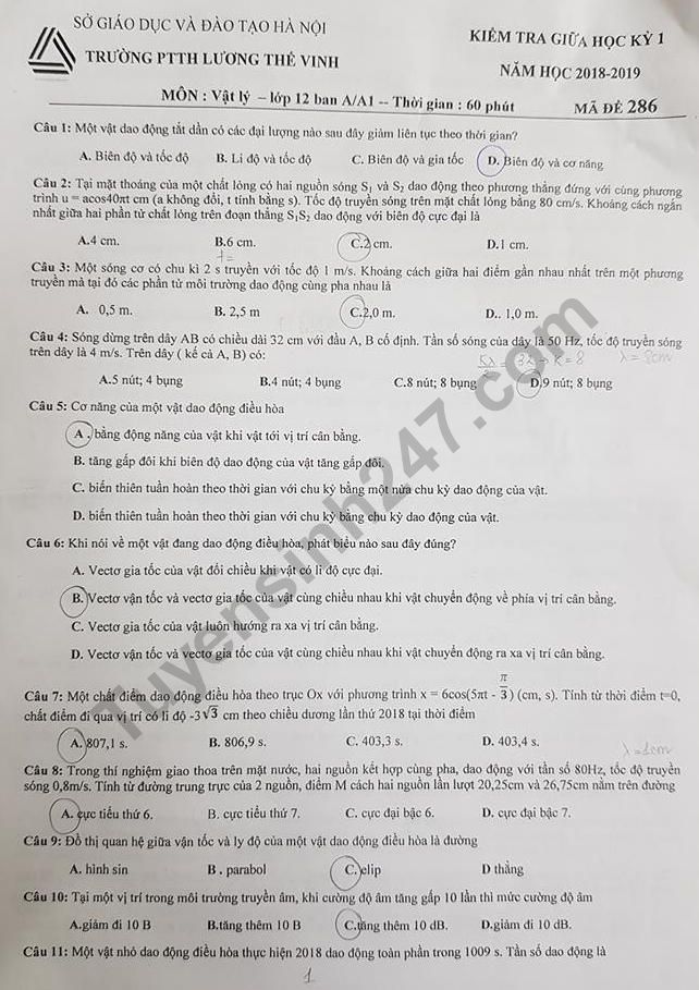 De thi giua ki 1 lop 12 mon Ly 2018 - 2019 THPT Luong The Vinh