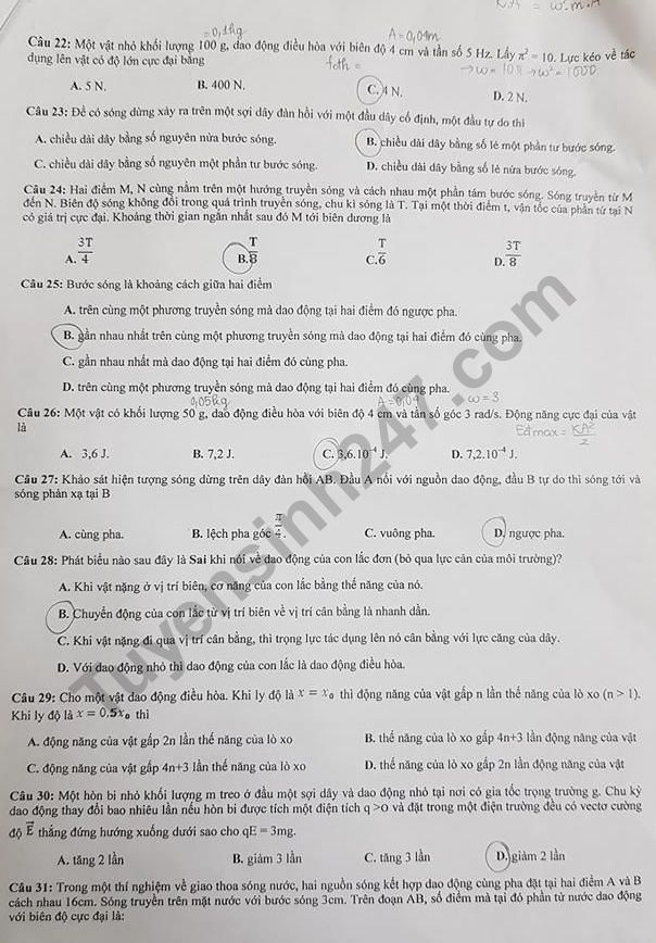 De thi giua ki 1 lop 12 mon Ly 2018 - 2019 THPT Luong The Vinh