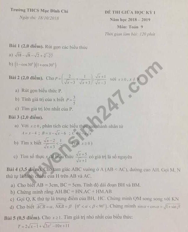 De thi giua ki 1 lop 9 mon Toan 2018 - 2019 THCS Mac Dinh Chi
