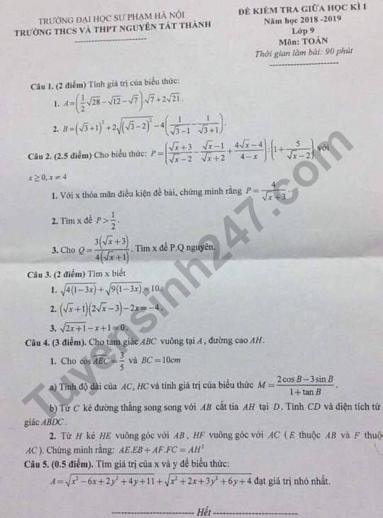 De thi giua ki 1 lop 9 mon Toan 2018 - 2019 THCS THPT Nguyen Tat Thanh