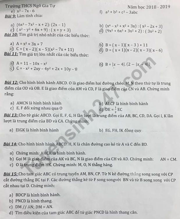 De cuong on tap giua ki 1 lop 8 mon Toan 2018 - 2019 THCS Ngo Gia Tu