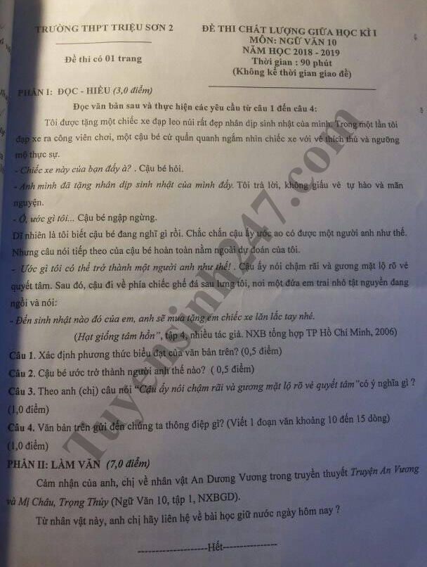 De thi giua hoc ky 1 mon Van lop 10 - THPT Trieu Son 2 nam hoc 2018 - 2019