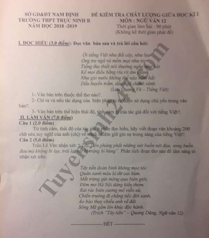 De thi giua hoc ky 1 lop 12 mon Van - THPT Truc Ninh B nam 2018-2019
