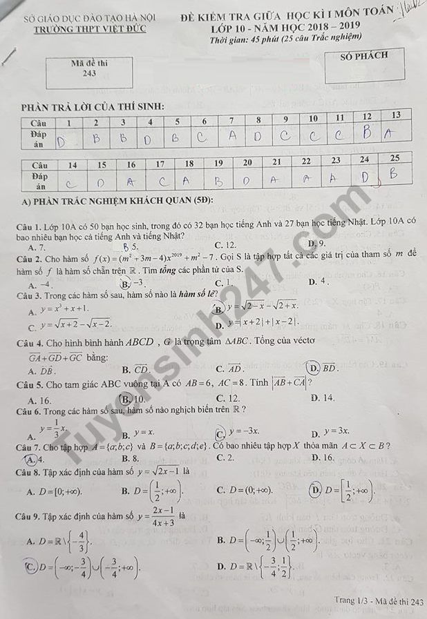 De thi giua ki 1 lop 10 mon Toan THPT Viet Duc 2018 - 2019