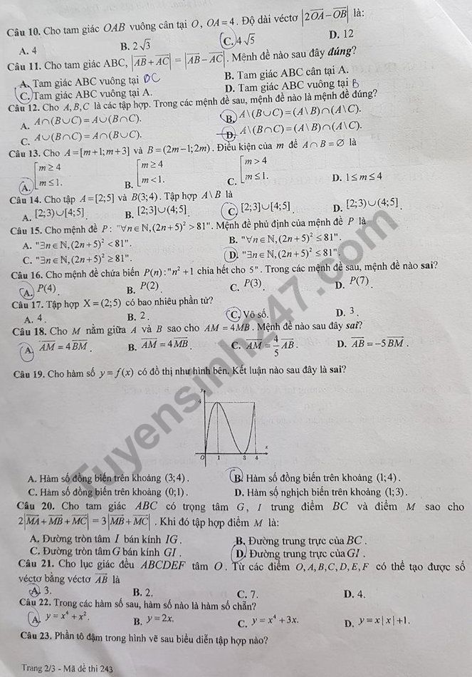 De thi giua ki 1 lop 10 mon Toan THPT Viet Duc 2018 - 2019