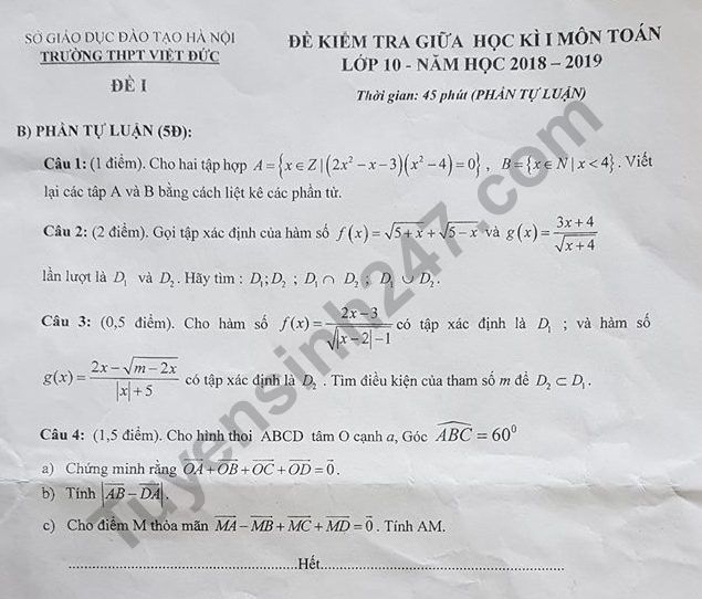 De thi giua ki 1 lop 10 mon Toan THPT Viet Duc 2018 - 2019