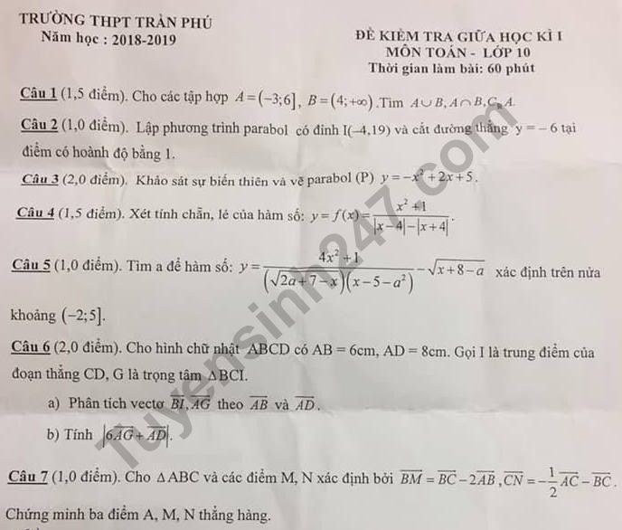 De thi giua ki 1 lop 10 mon Toan THPT Tran Phu 2018 - 2019