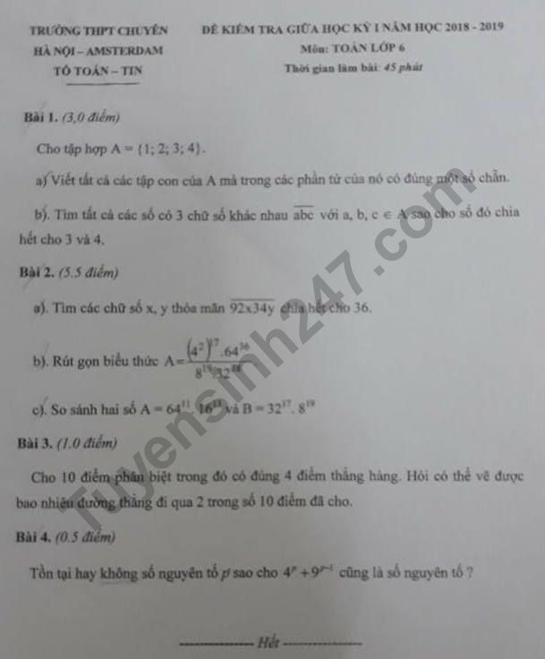 De thi giua ki 1 lop 6 mon Toan 2018 - 2019 Chuyen Amsterdam