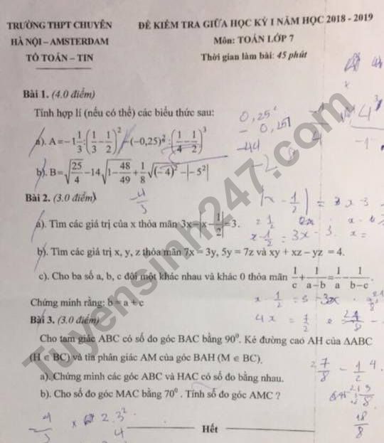 De thi giua ki 1 lop 7 mon Toan 2018 - 2019 Chuyen Amsterdam