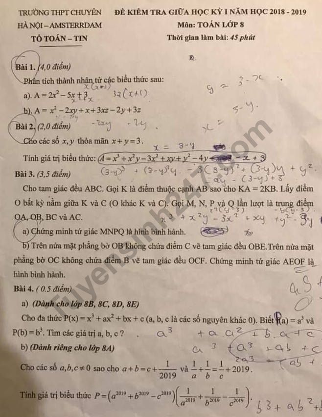 De thi giua ki 1 mon Toan lop 8 nam 2018 - 2019 Chuyen Amsterdam