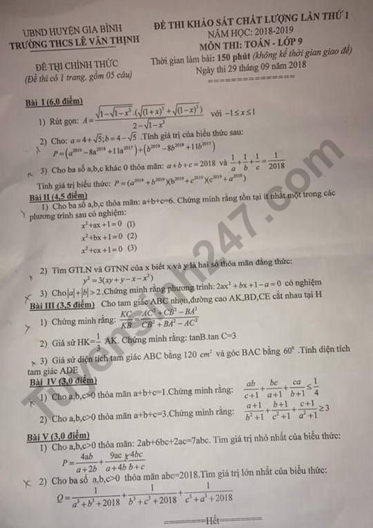 De thi giua ki 1 lop 9 mon Toan THCS Le Van Thinh 2018 - 2019