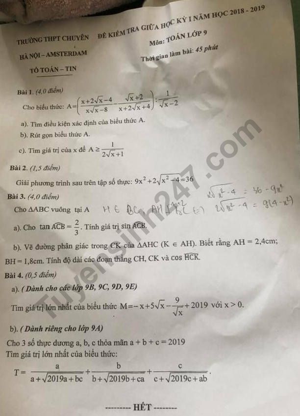 De thi giua ki 1 mon Toan lop 9 nam 2018 - 2019 Chuyen Amsterdam