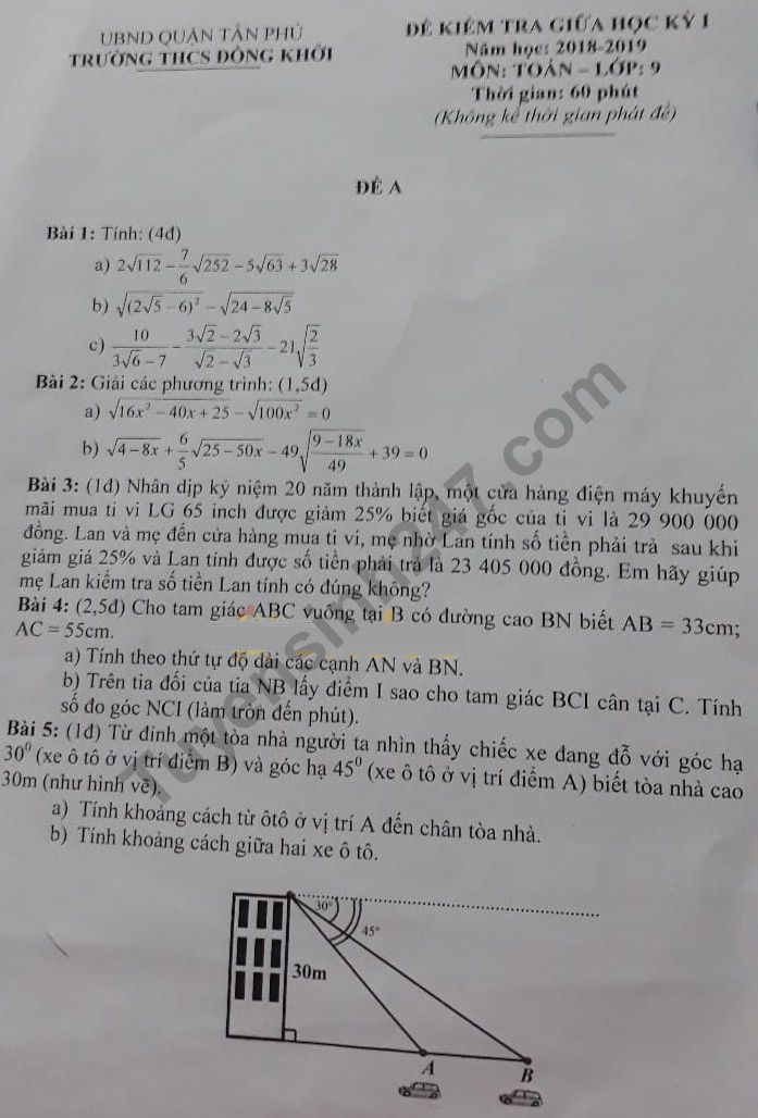 De thi giua ki 1 mon Toan lop 9 THCS Dong Khoi 2018 - 2019