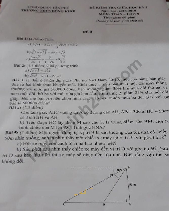 De thi giua ki 1 mon Toan lop 9 THCS Dong Khoi 2018 - 2019