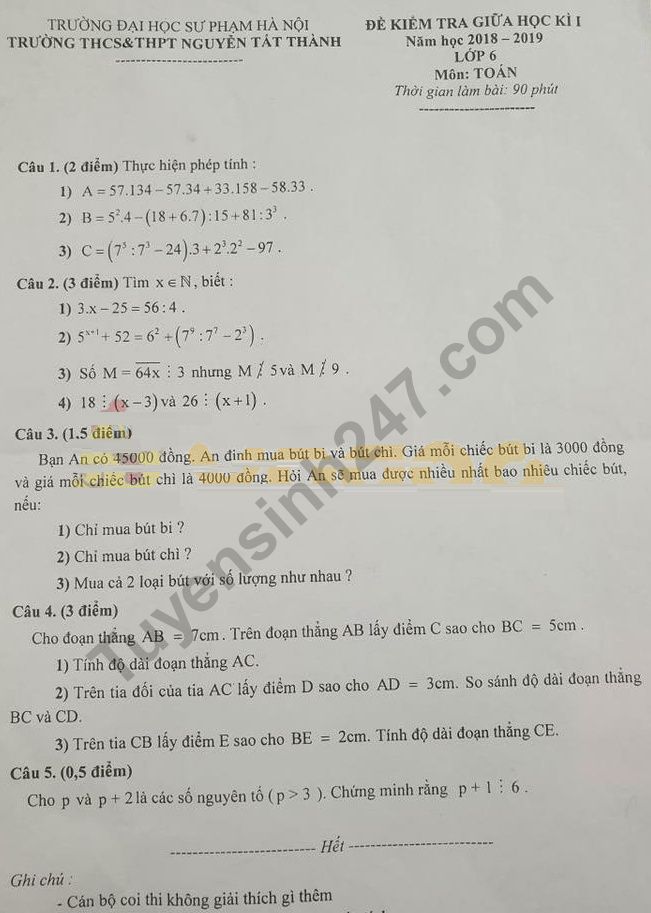 De thi giua ki 1 lop 6 mon Toan 2018 - 2019 Nguyen Tat Thanh