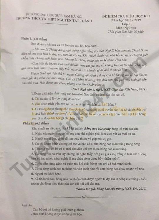 De thi giua ki 1 mon Van lop 6 2018 - 2019 THCS THPT Nguyen Tat Thanh