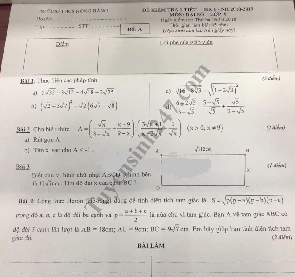 De thi giua hoc ki 1 lop 9 mon Toan - truong THCS Hong Bang nam 2018