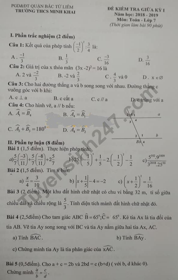 De thi giua ki 1 lop 7 mon Toan nam 2018 - 2019 THCS Minh Khai