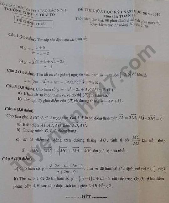De thi giua ki 1 mon Toan lop 10 THPT Ly Thai To 2018 - 2019