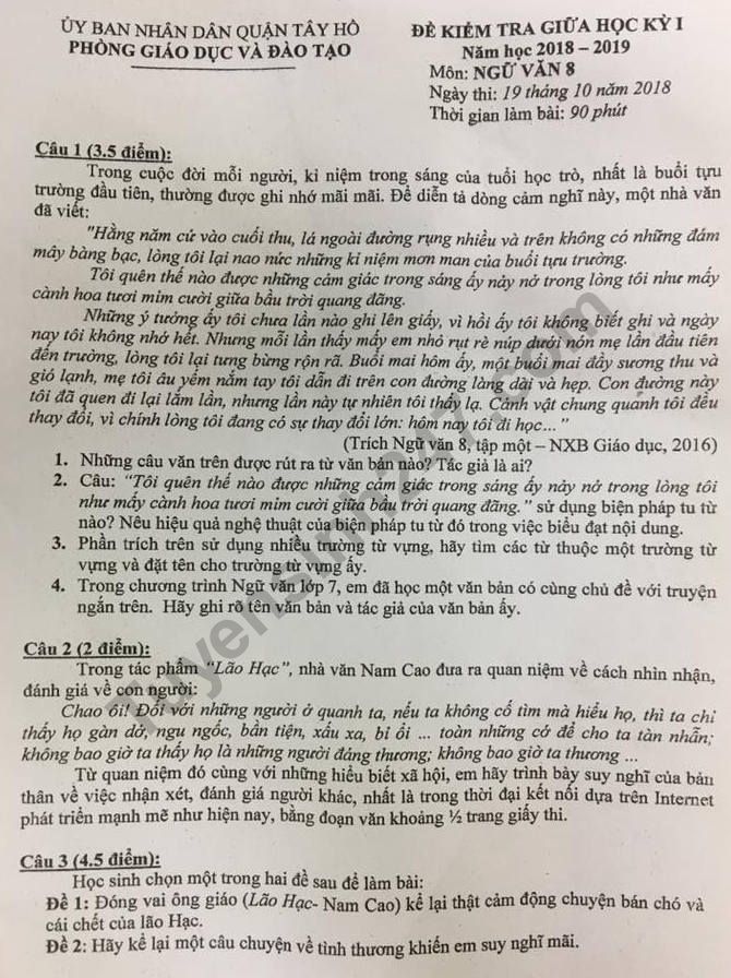 De thi giua ki 1 lop 8 mon Van Quan Tay Ho 2018 - 2019