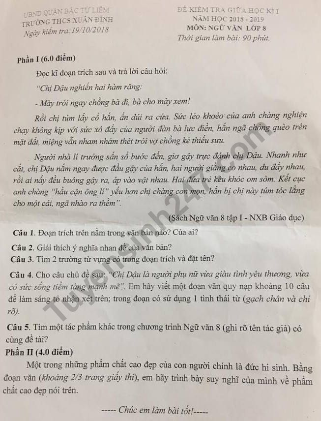 De thi giua ki 1 lop 8 mon Van 2018 - 2019 THCS Xuan Dinh