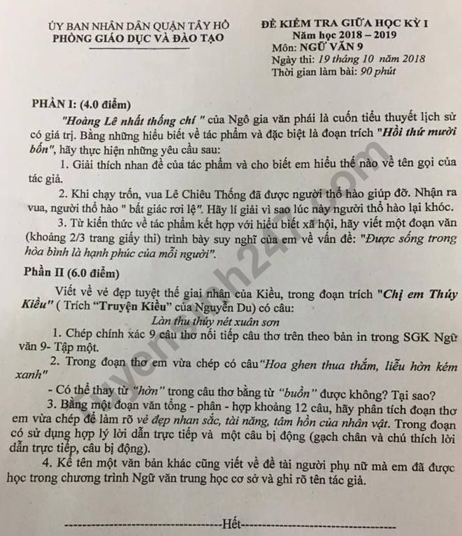 De thi giua ki 1 lop 9 mon Van 2018 - Quan Tay Ho
