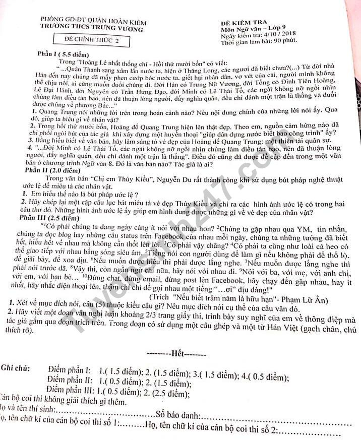 De thi giua ki 1 lop 9 mon Van THCS Trung Vuong 2018 - 2019