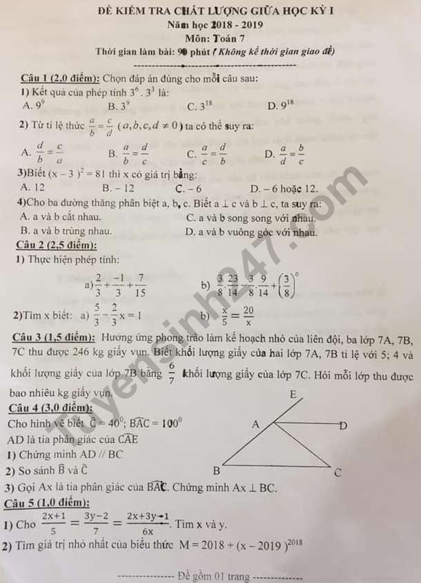 De thi giua hoc ki 1 mon Toan lop 7 nam 2018 - 2019 Yen Phong