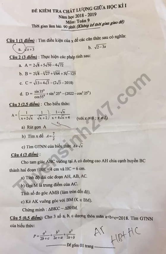 De thi giua ki 1 lop 9 mon Toan Yen Phong 2018 - 2019