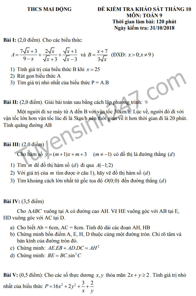 De thi giua ki 1 lop 9 mon Toan 2018 - 2019 THCS Mai Dong