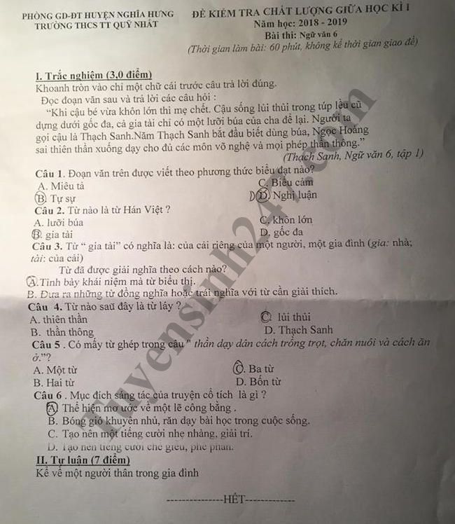 De thi giua hoc ki 1 lop 6 mon Van - THCS Thi tran Quy Nhat nam 2018